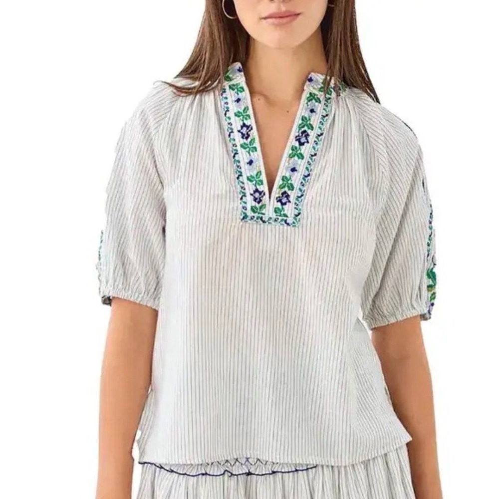 Cartolina Embroidered Striped Cotton Blouse Blue White Floral Split Neck Top M